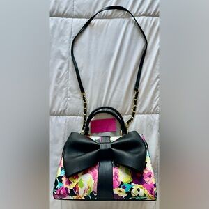 Betsey Johnson Top Handle Bow & Floral Handbag w/ Long Strap in Gold Hardware